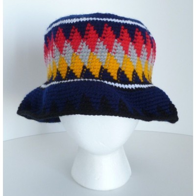 Blue Harlequin Colorful Crochet Knit Woman's Bucket Cloche Hat  eb-68609316